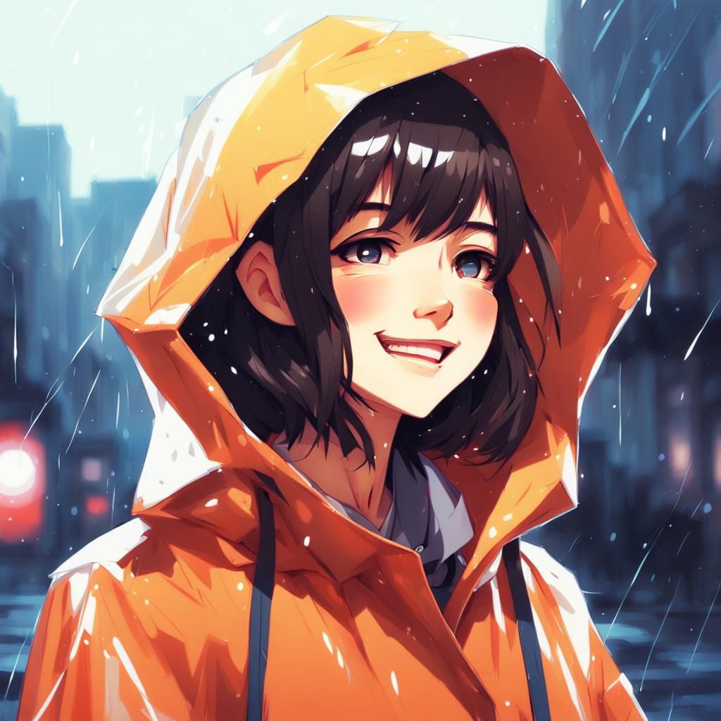 Anime Girl in Raincoat, Digital Illustration Style