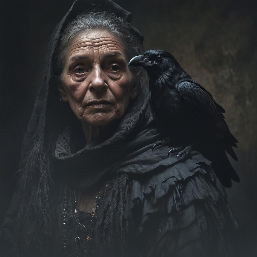 Mystical Old Witch with Raven in a Dimly Lit Chamber