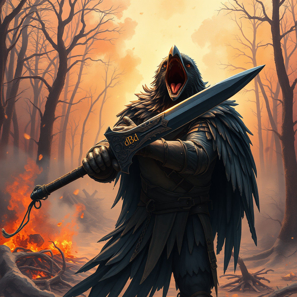 Kenku Warrior in Ravaged Forest, Digital Watercolor Illustra...