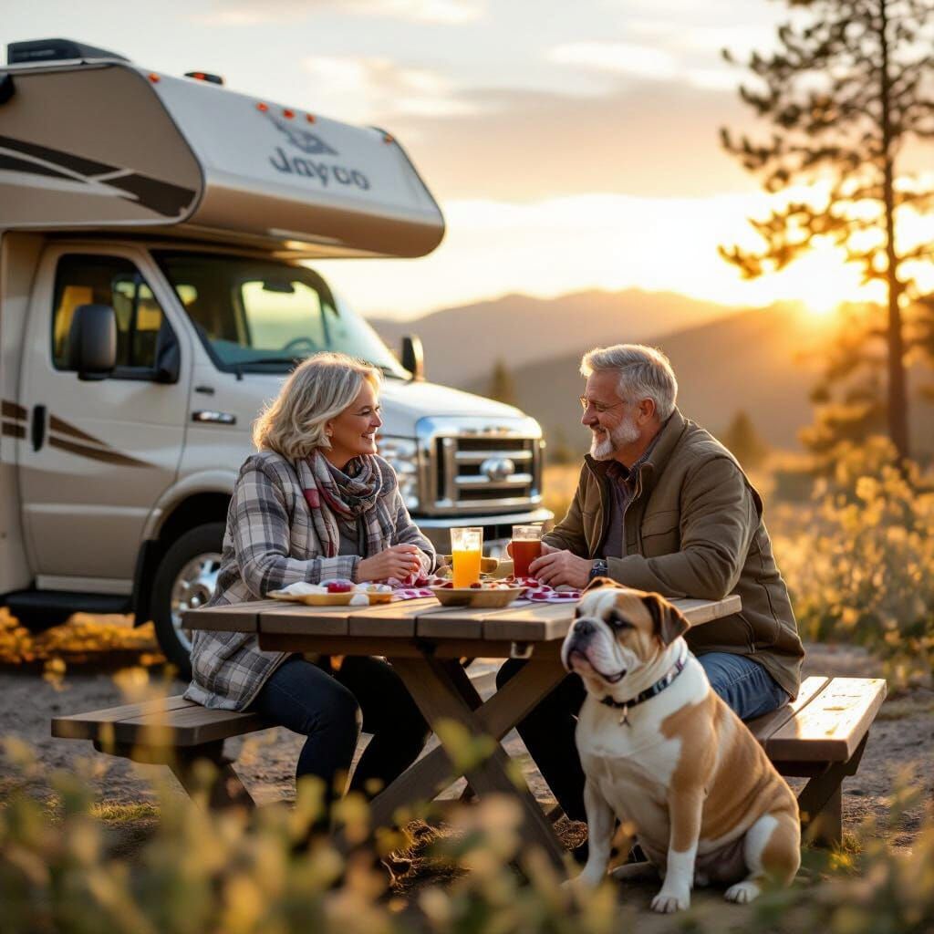 Jayco Greyhawk RV Scene with Couple and Bulldog