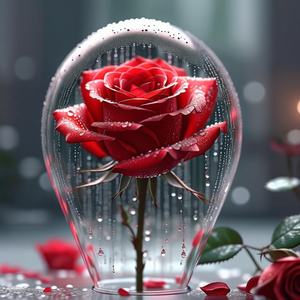 Red Rose in Glass Dome: Hyper-Realistic Digital Art
