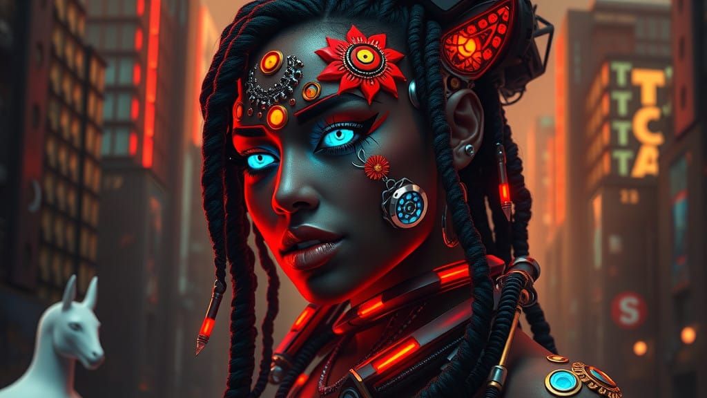 Afrofuturistic Goddess of Biopunk Metropolis
