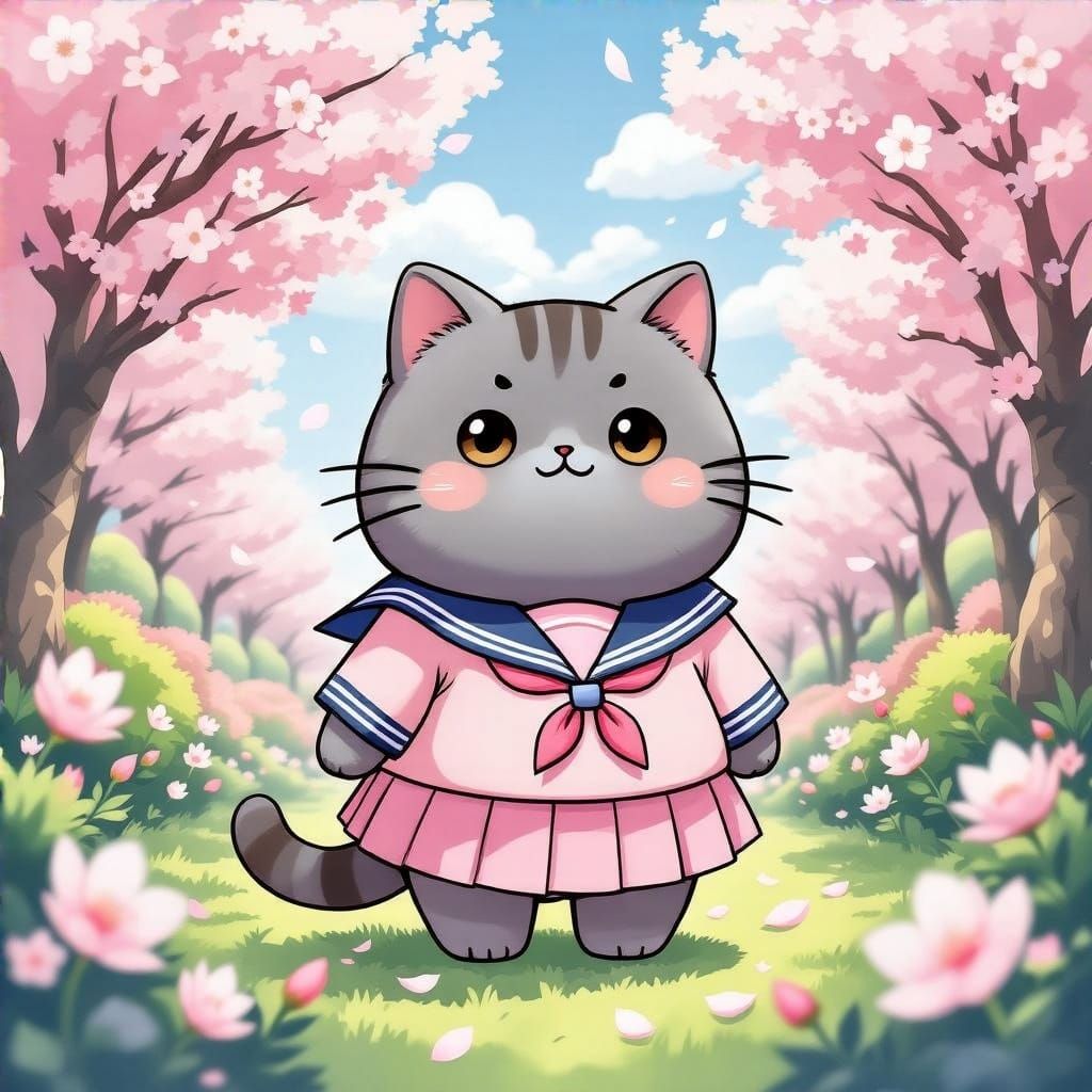 Chubby Cat in Whimsical Cherry Blossom Garden