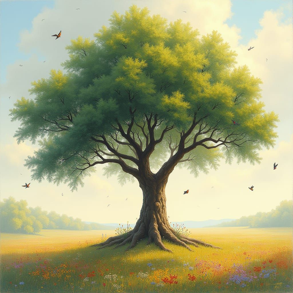 Sunlit Tree in Impressionist Style Meadow