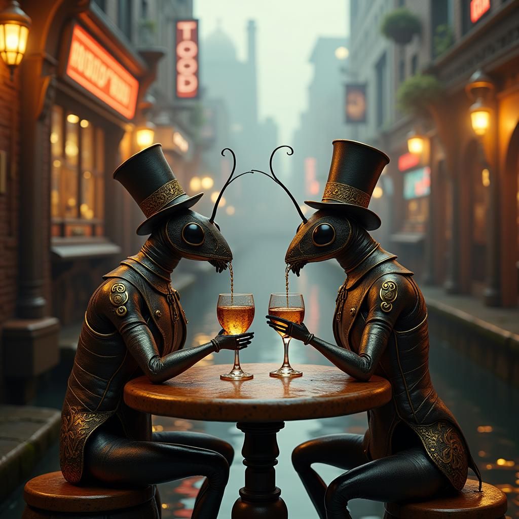 Ants Enjoying Whisky in Futuristic Pub, Hyper-Realistic