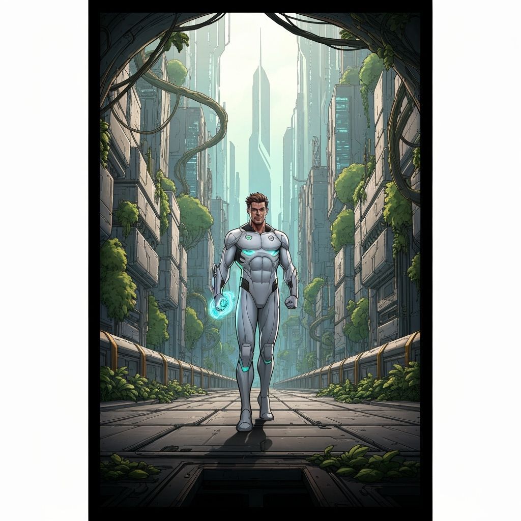 Triumphant Man in Futuristic Cityscape