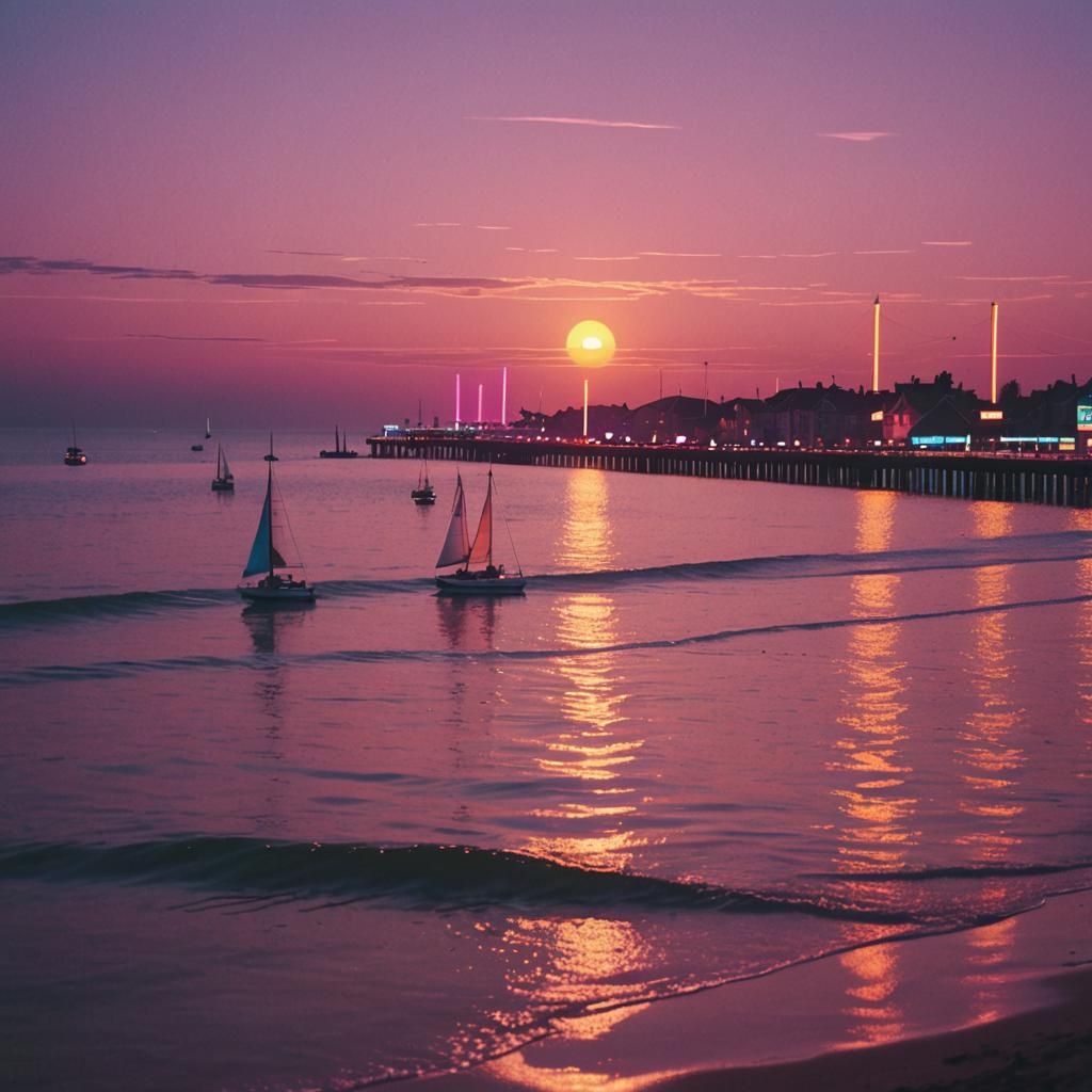 Synthwave Sailboats Racing at Sunset in Neon Retro Style