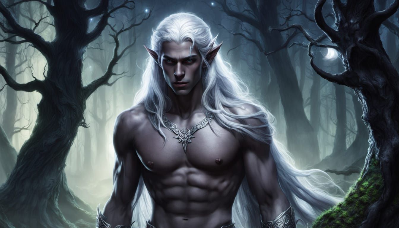 Gorgeous Dark Elf Male Amidst Moonlit Enchanted Forest