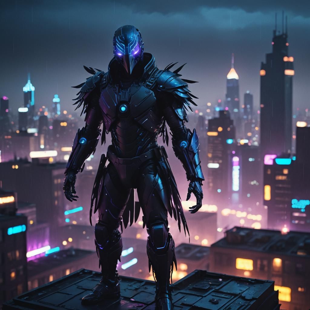 Cyberpunk Robotic Raven Man on City Rooftop