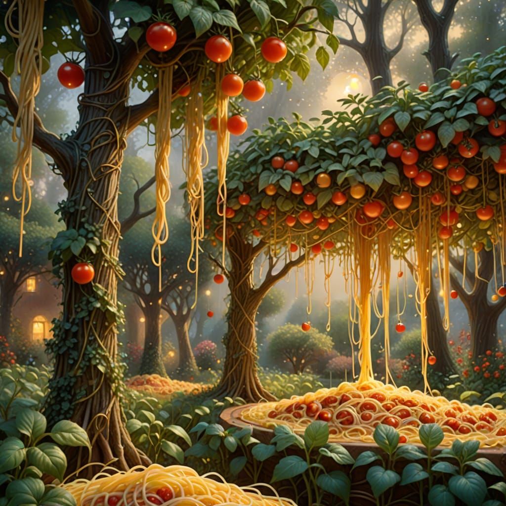 Enchanted Spaghetti Grove in Thomas Kinkade Style