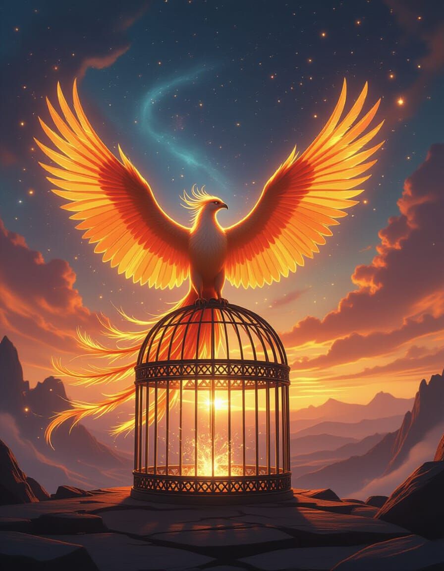 Ethereal Phoenix Rises From Ancient Birdcage