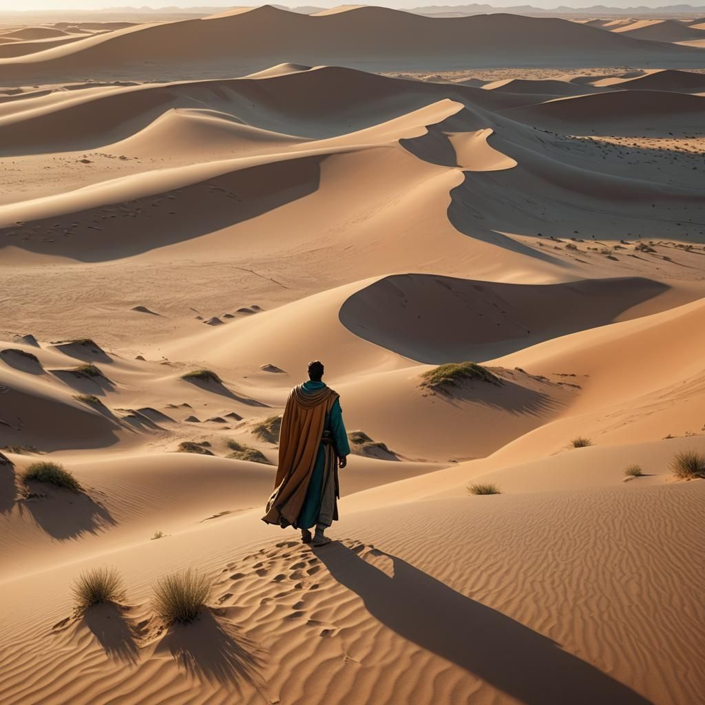 Lone Traveler Gazes Over Sweeping Dune Sea