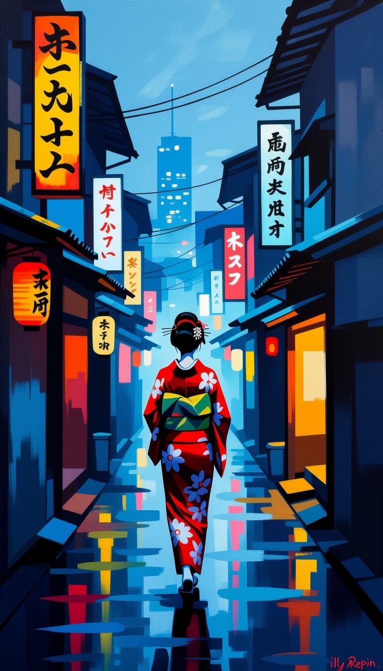 Japanese Slum Street Scene in Expressive Style