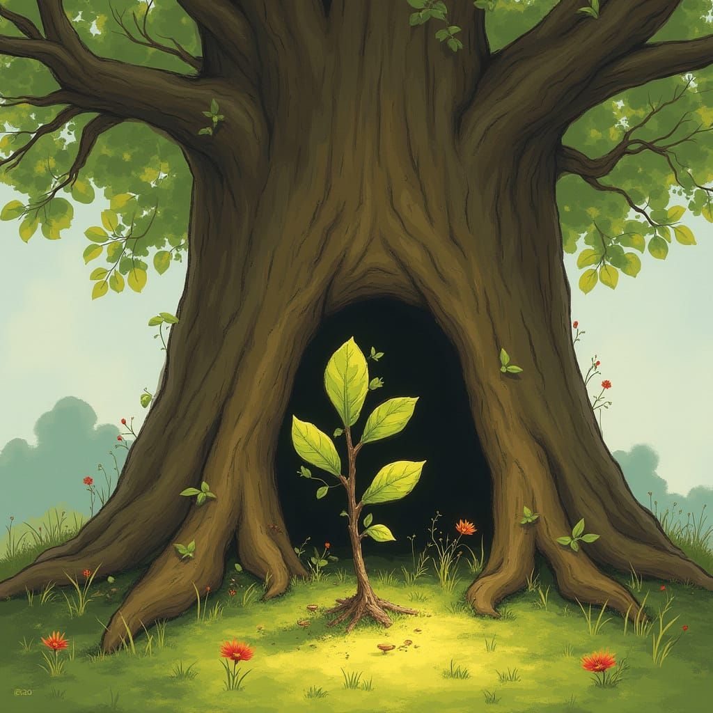 Tiny Sapling Under Giant Tree, Whimsical & Earthy Style