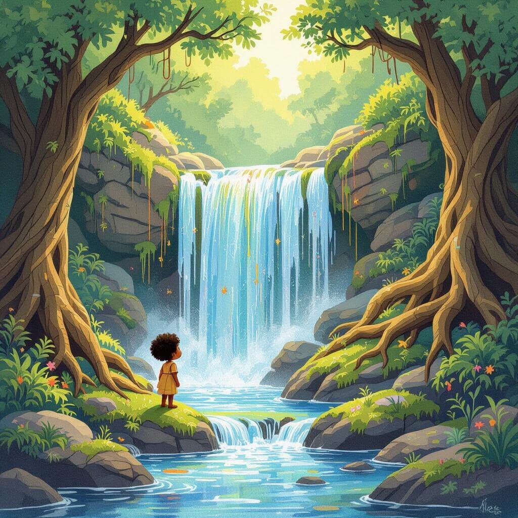 Fantastical Waterfall of Colorful Threads in Storybook Style