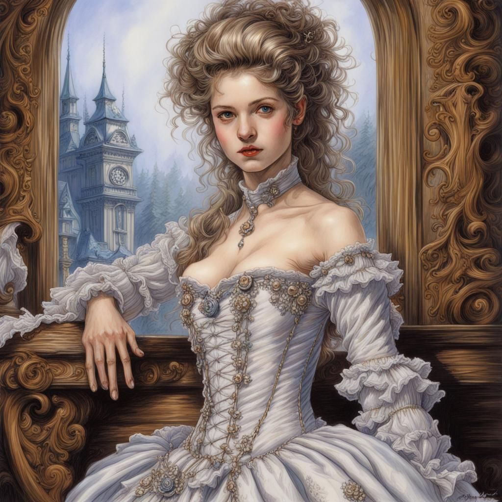 Girl in Rococo Dress, Gel Pen Drawing