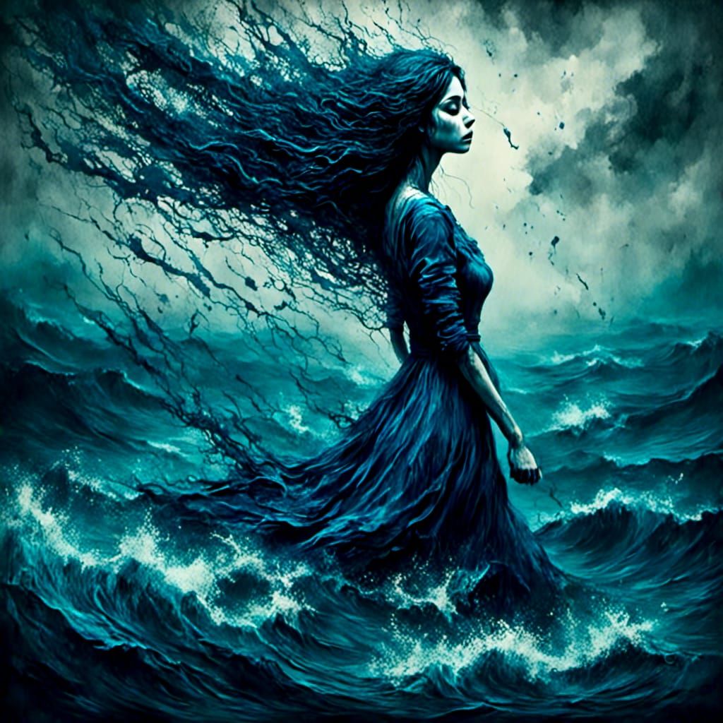 Sad Woman Walking in Blue Impasto Ocean