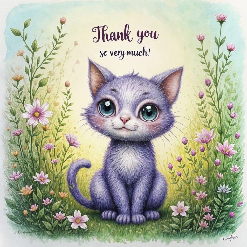 Purple Kitty Says Thank You in Whimsical Style