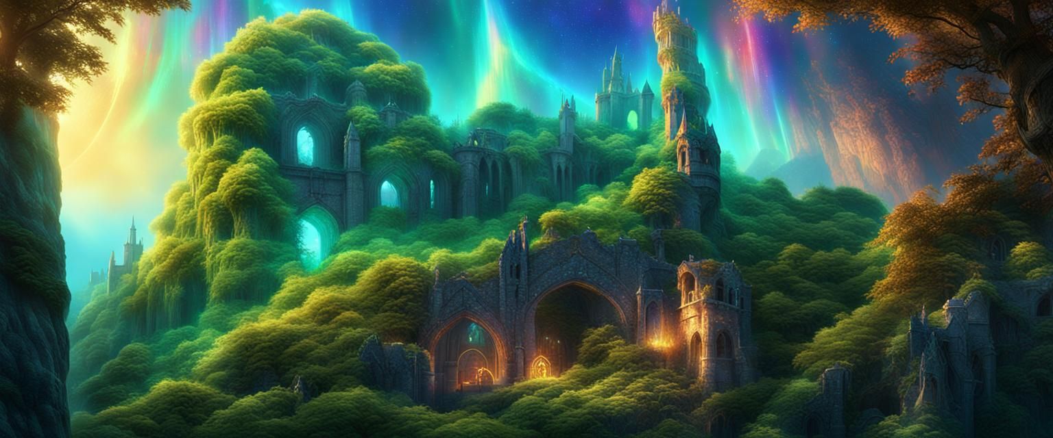 Majestic Castle Ruins Under Aurora Borealis