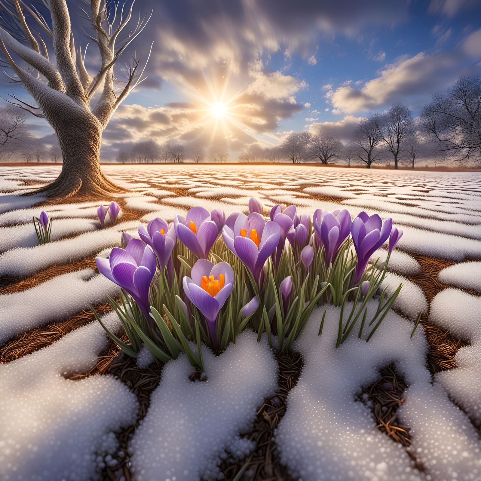 Crocus Flowers Bloom in Snowy Surreal Landscape