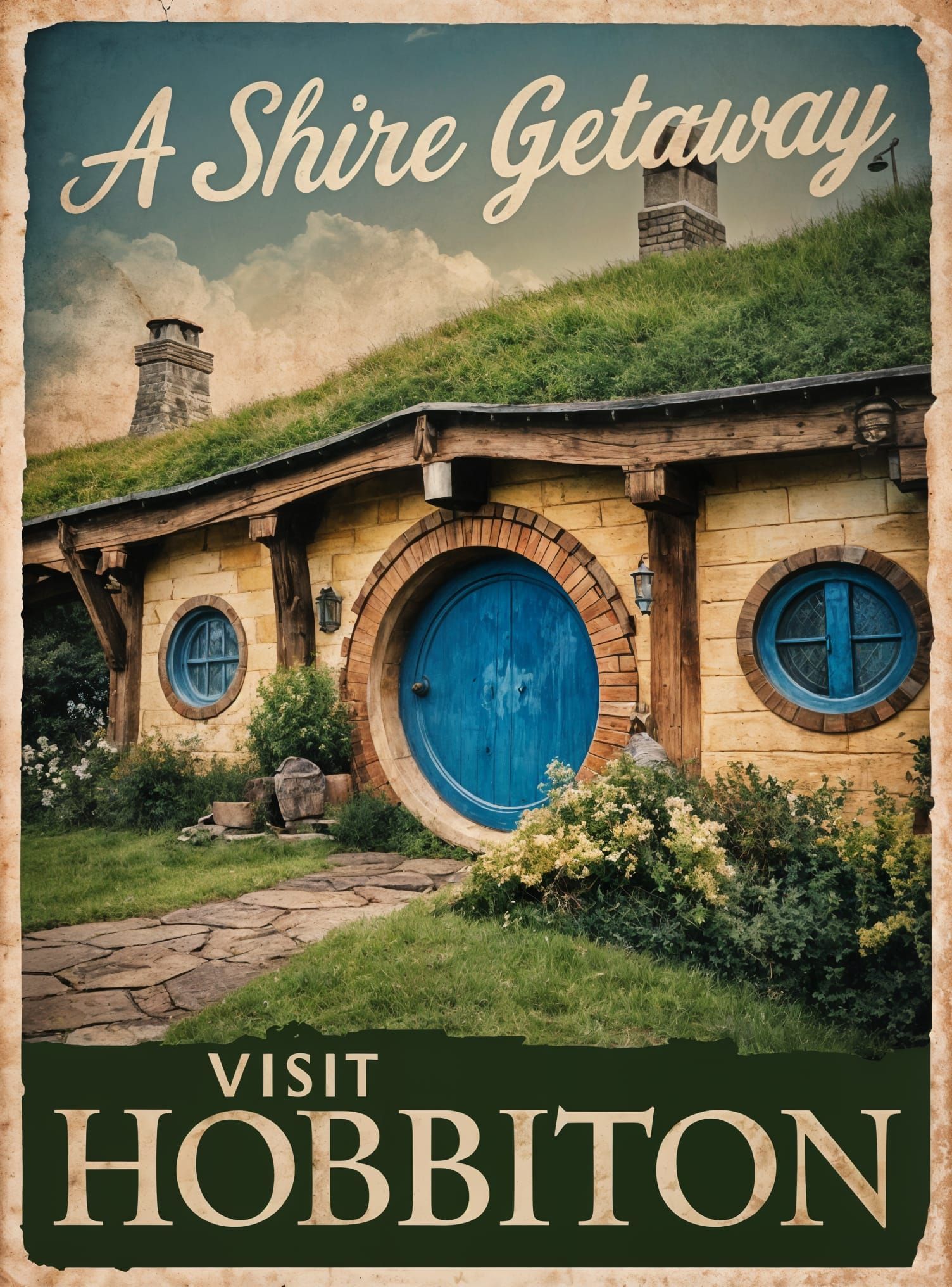 Traditional Hobbit Village Doorway in a Whimsical Blue Hue