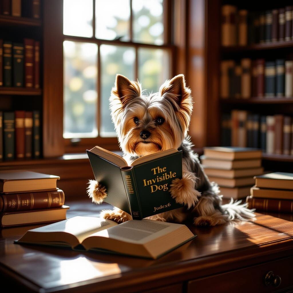 Yorkshire Terrier Reads Book on Desk in Warm Daylight