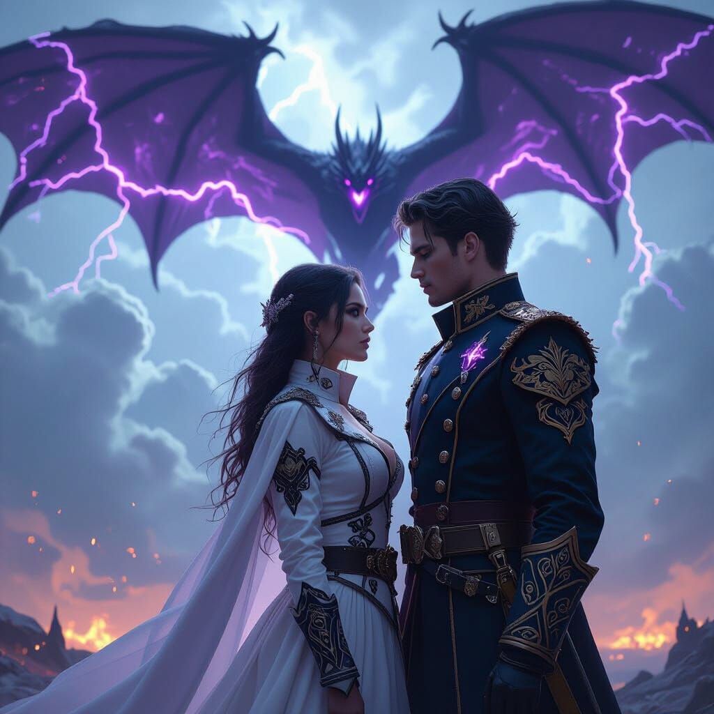Tense Embrace Under Stormy Skies with Dragon Wings