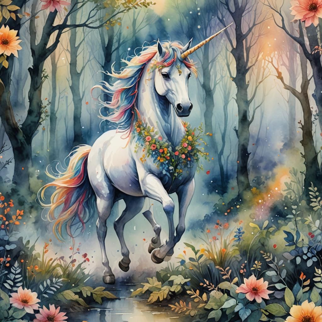 Delicate Unicorn Running in Misty Forest as Watercolor