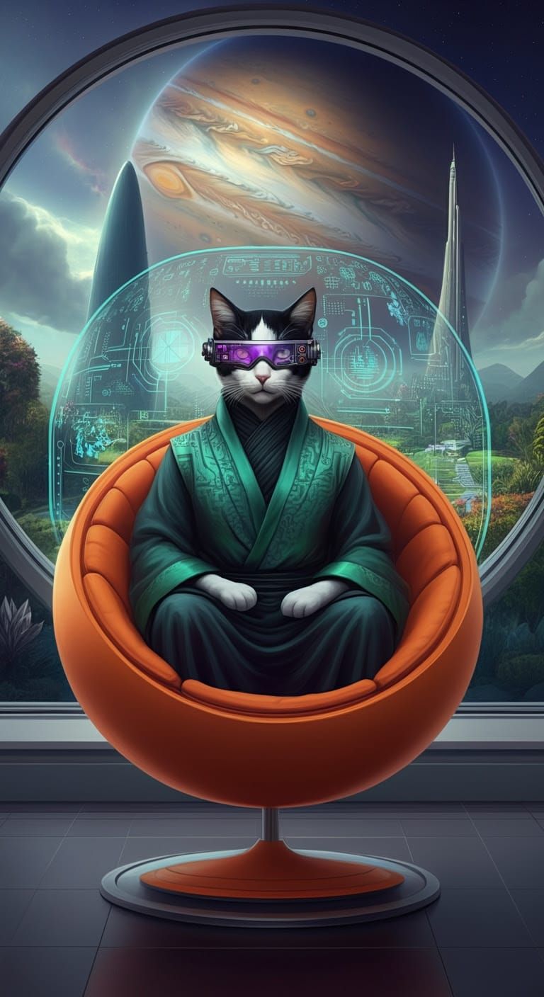 Ethereal Feline Visionary in Futuristic Landscape