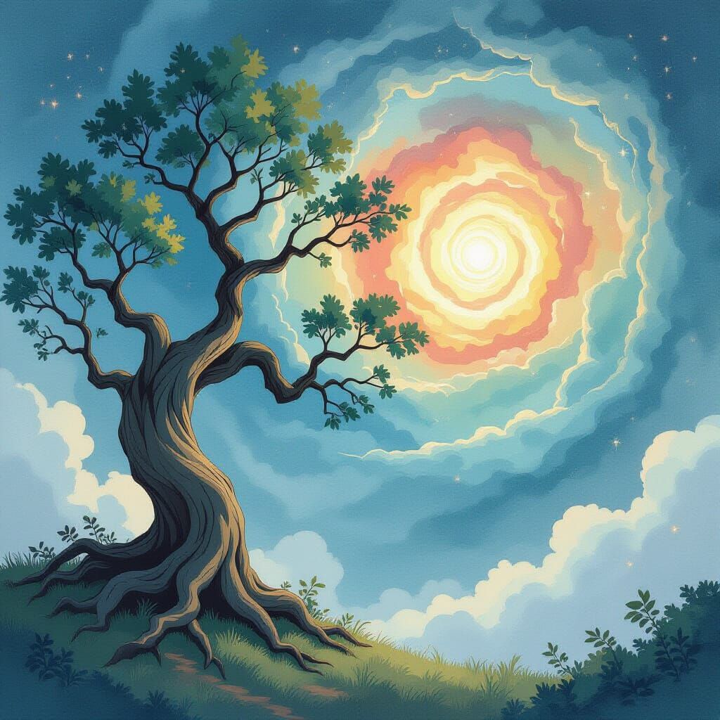 Ancient Tree Reaches for Swirling Nebula in Watercolor Style