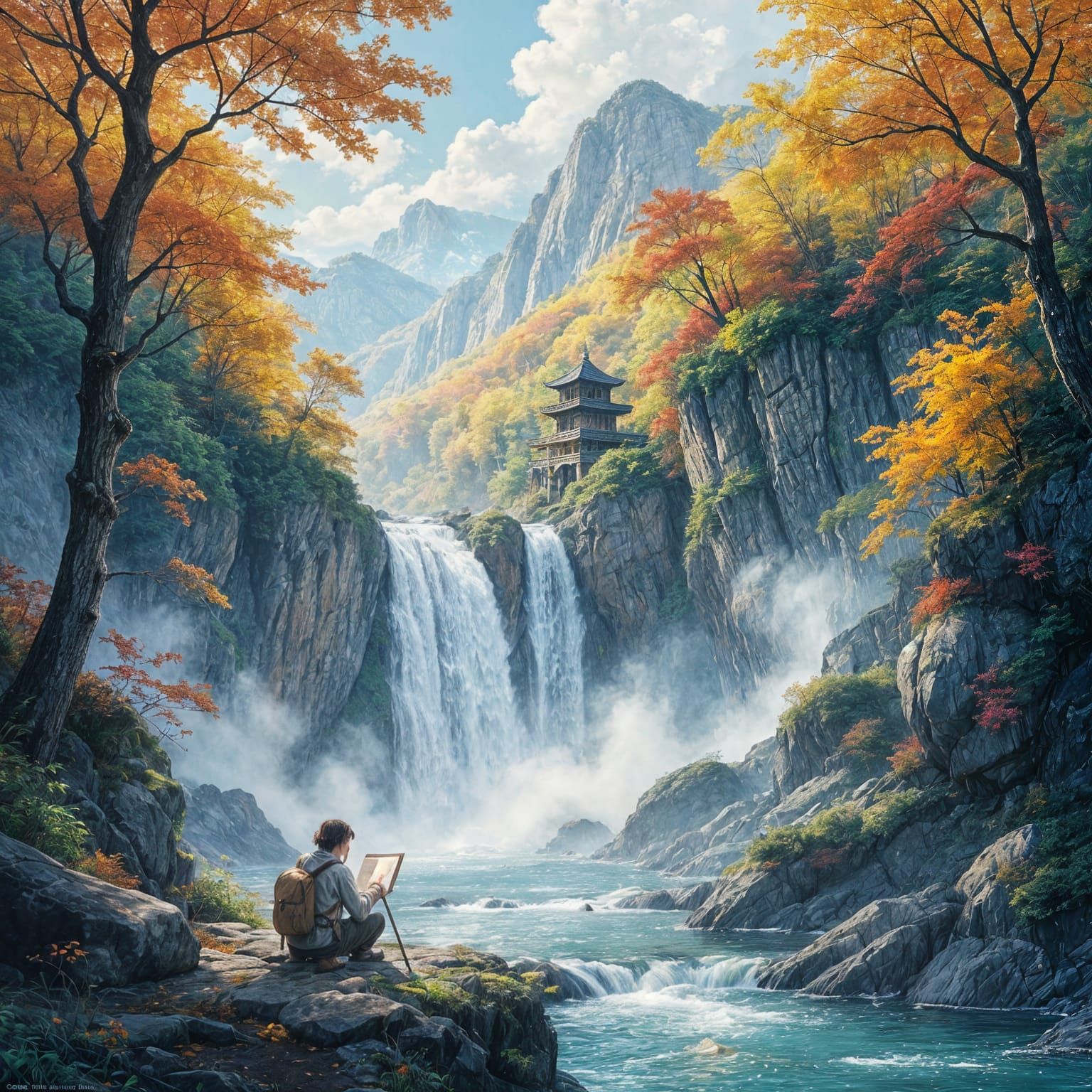 Traveler Sketches Autumn Waterfall in Dreamy Style