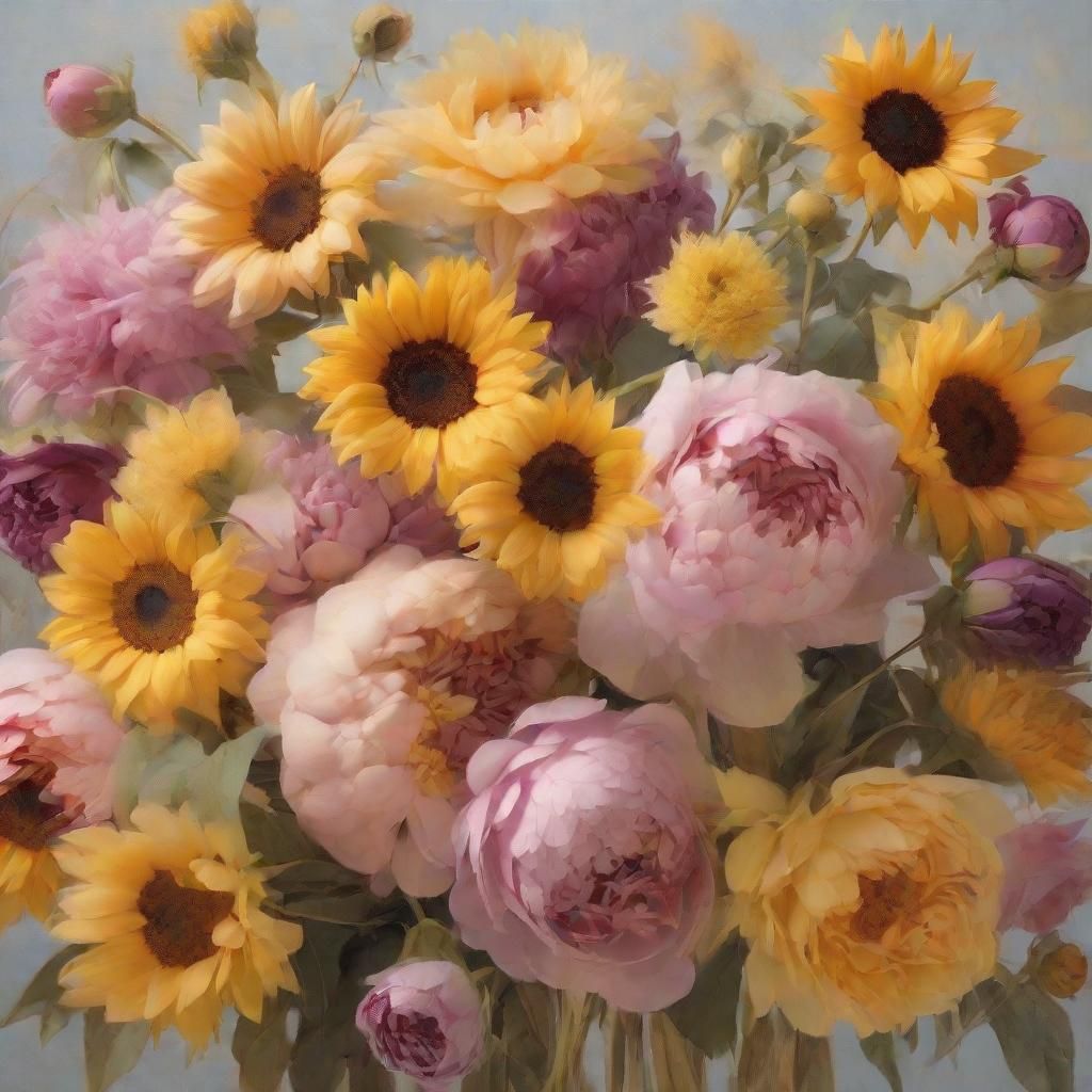 Sunflowers and Peonies in Dreamy Art Nouveau Style