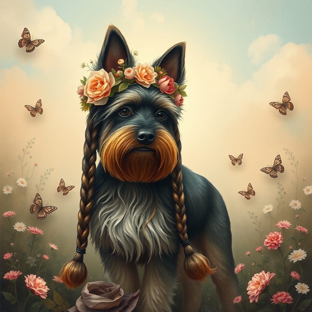 A cute Schnauzer Dog with long braids instead of ears, in a whimsical painterly style, with elements of vintage ephemera...