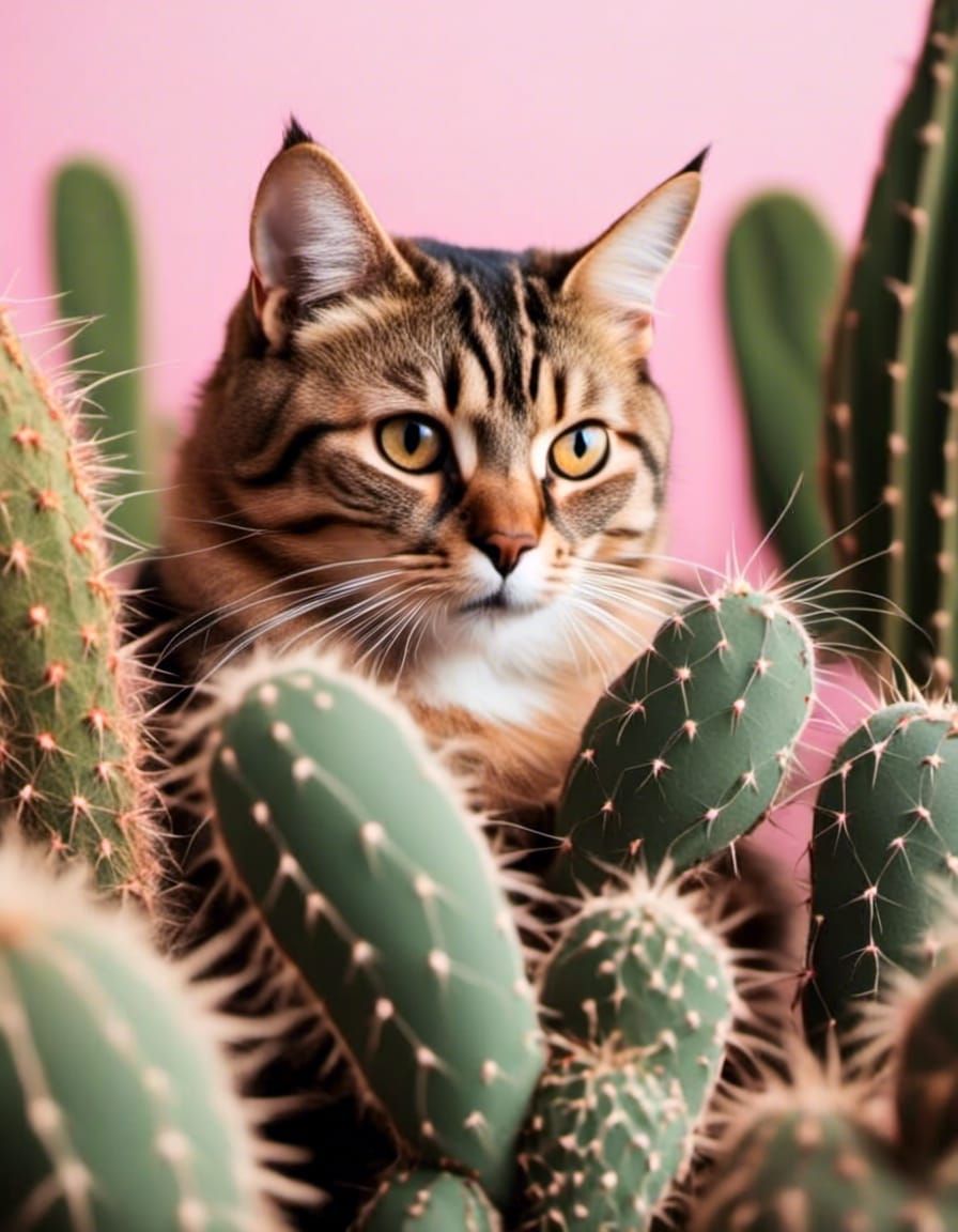 cat hiding behind a cactus