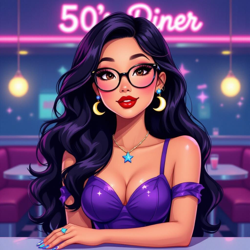 Vintage Pin-Up Girl in 50's Diner, Animated Style