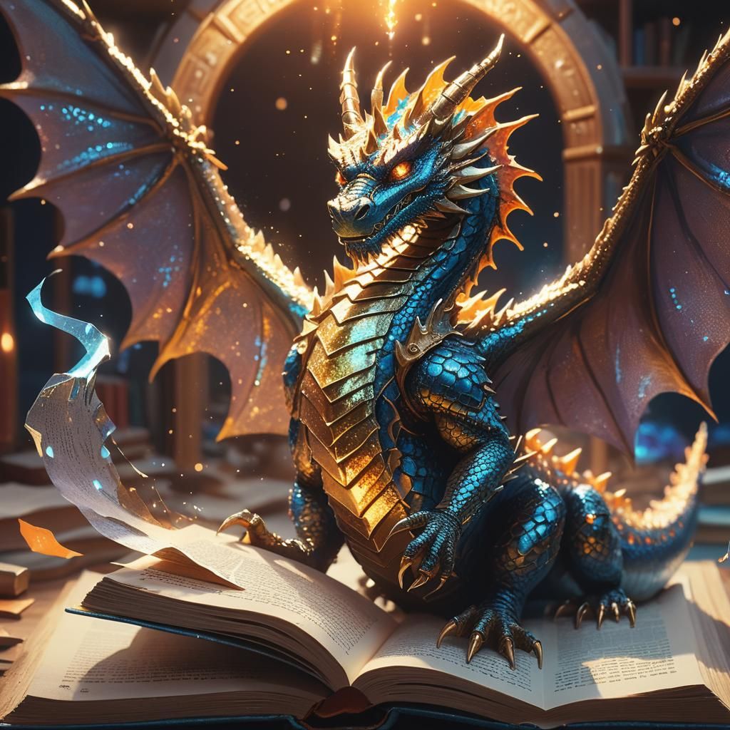 Glittering Dragon Emerges from Glowing Book