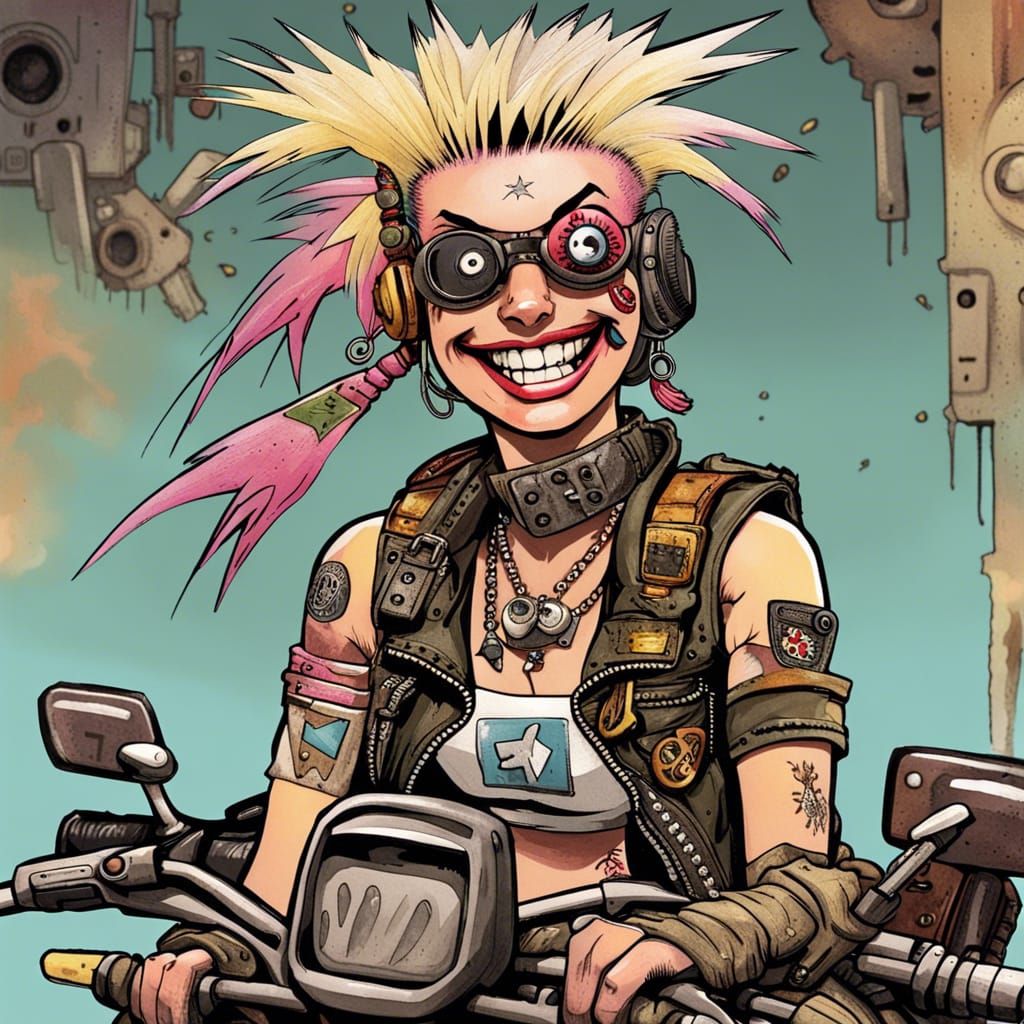 Tank Girl on Motorcycle in Post-Apocalyptic Comic