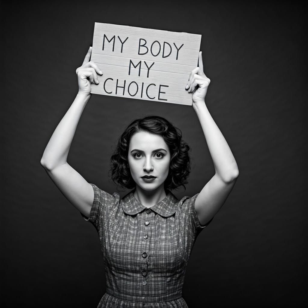 Gritty Portrait of Woman Holding Protest Sign