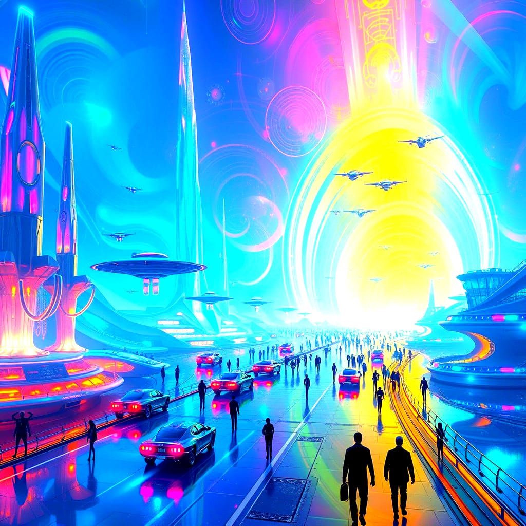 Epic Futuristic Spaceport Scene in Bioluminescent Holographi...