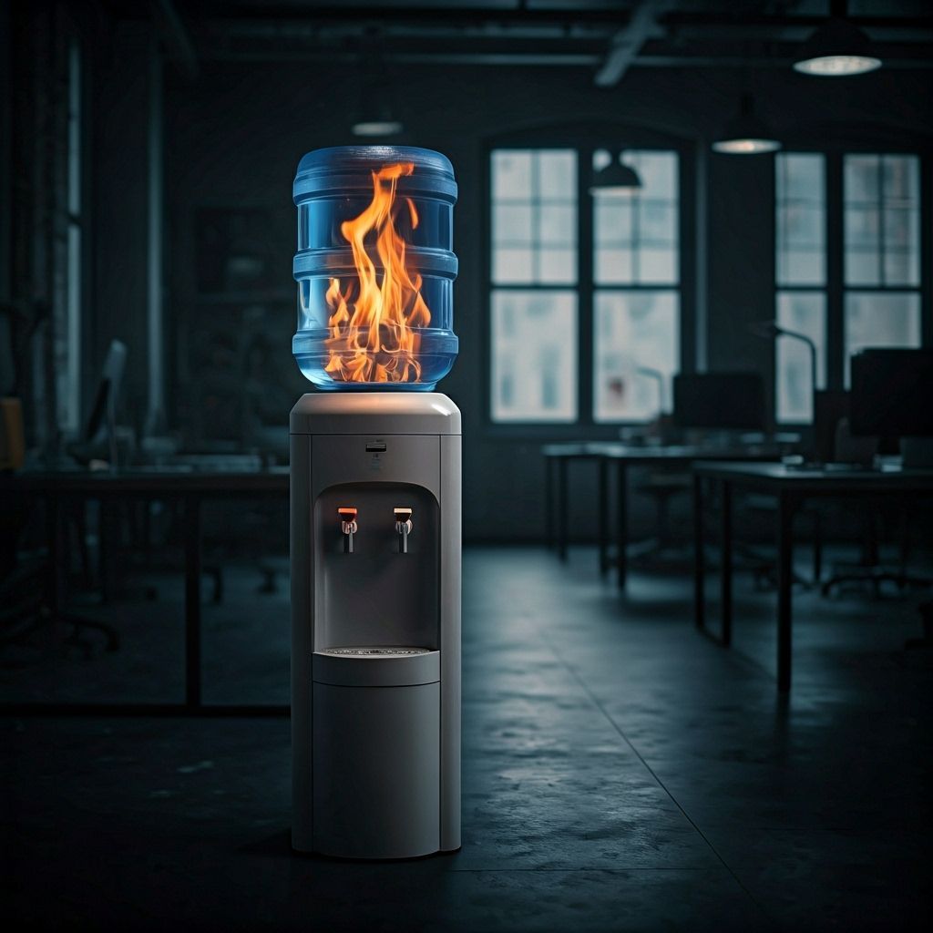 Fire in Water Cooler: Office Scene Cinematic Film Still