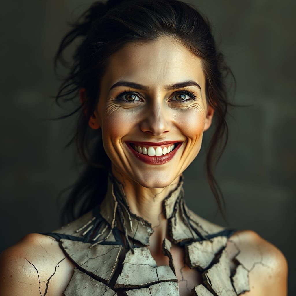 Serenely Smiling Woman in Fractured, Abstract Body