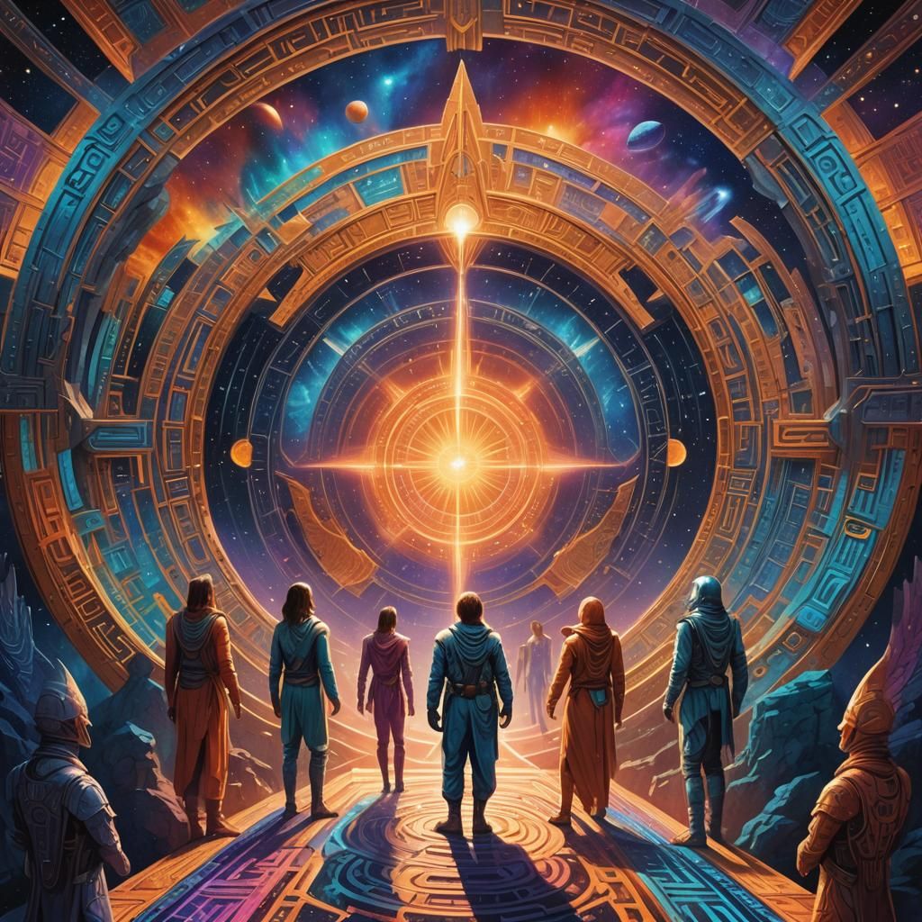 Stargate Travelers at Shimmering Portal in Visionary Style