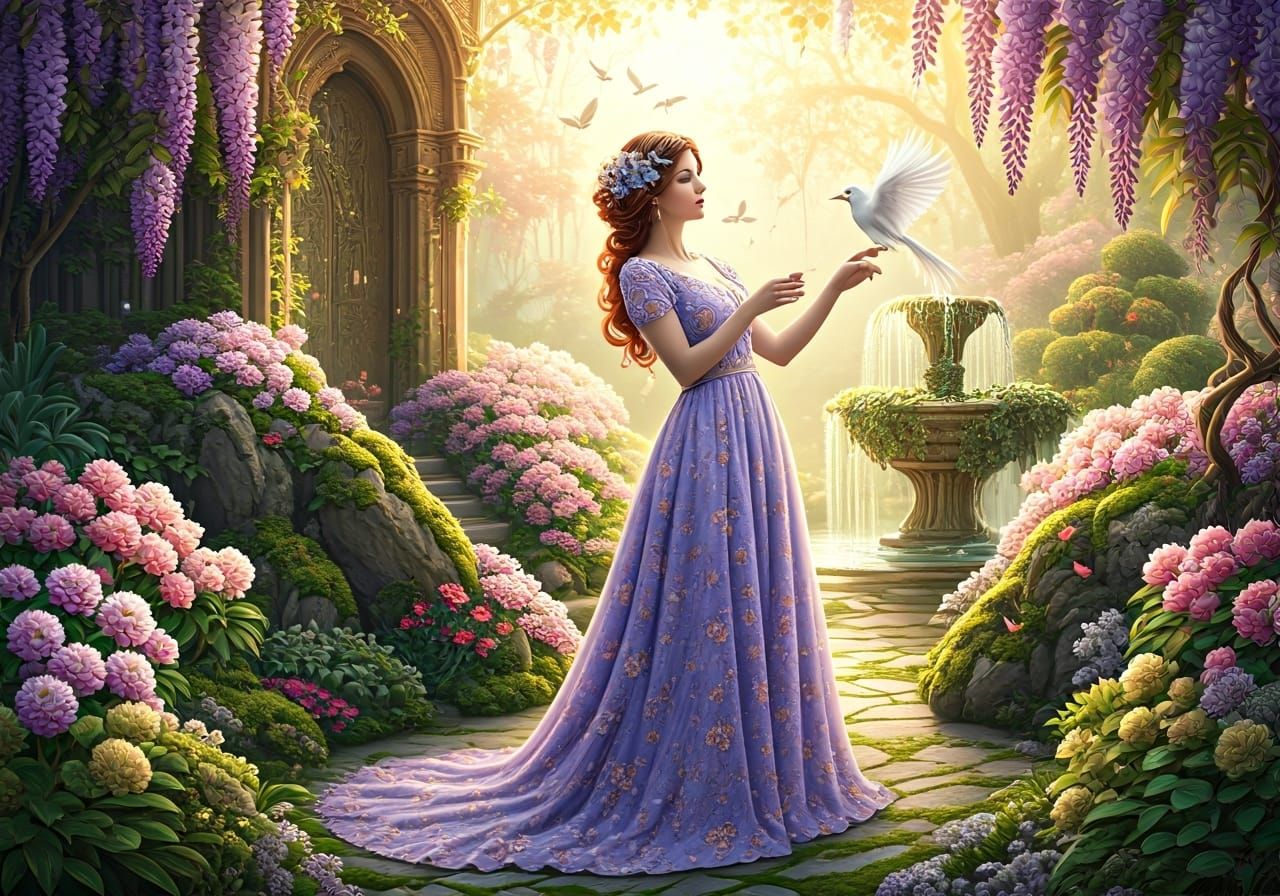 Woman in Fantasy Garden, Art Nouveau Style