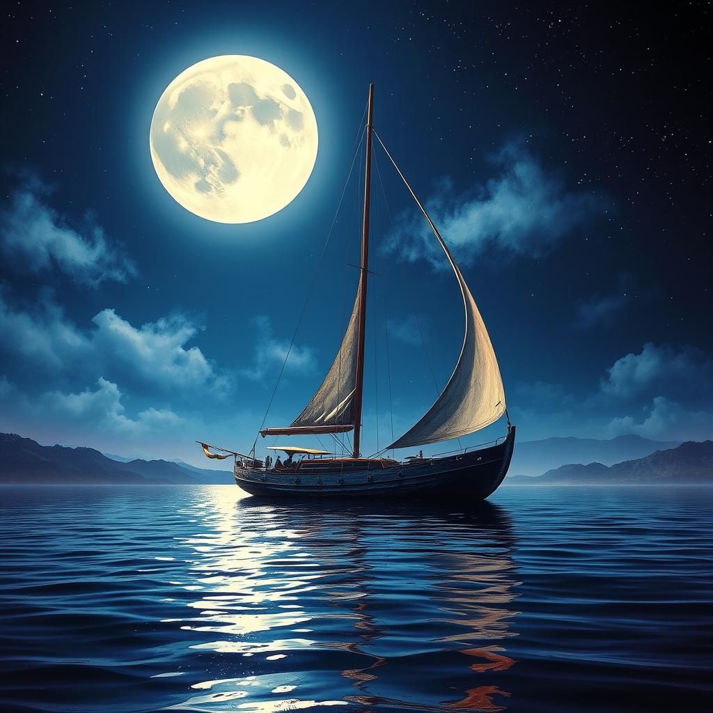 Moonlit Sailboat on Lake as Impasto Painting