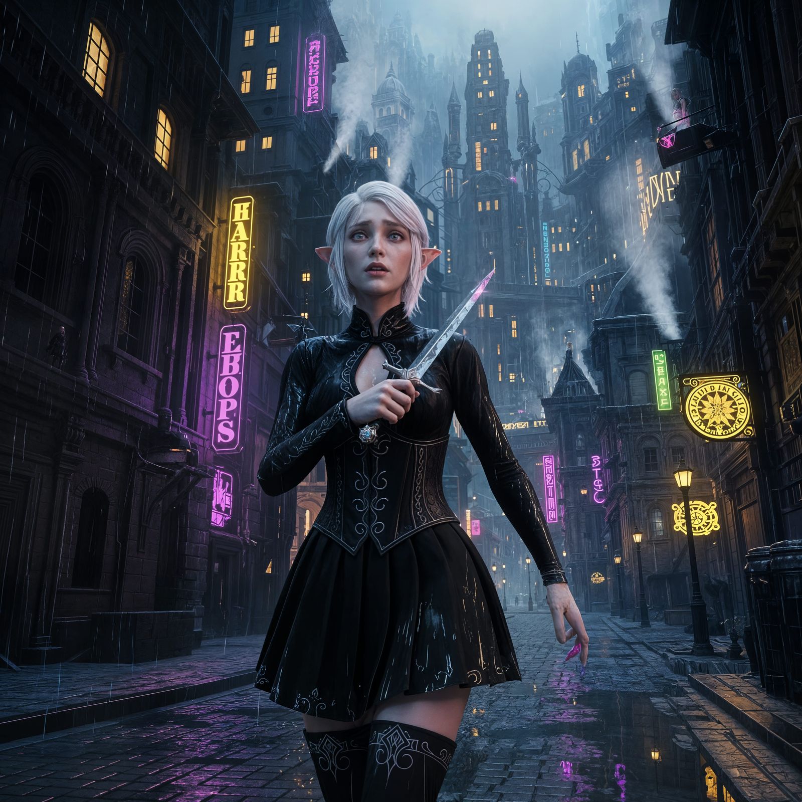 Albino Elf Lost in City Maze, Dark Fantasy Art