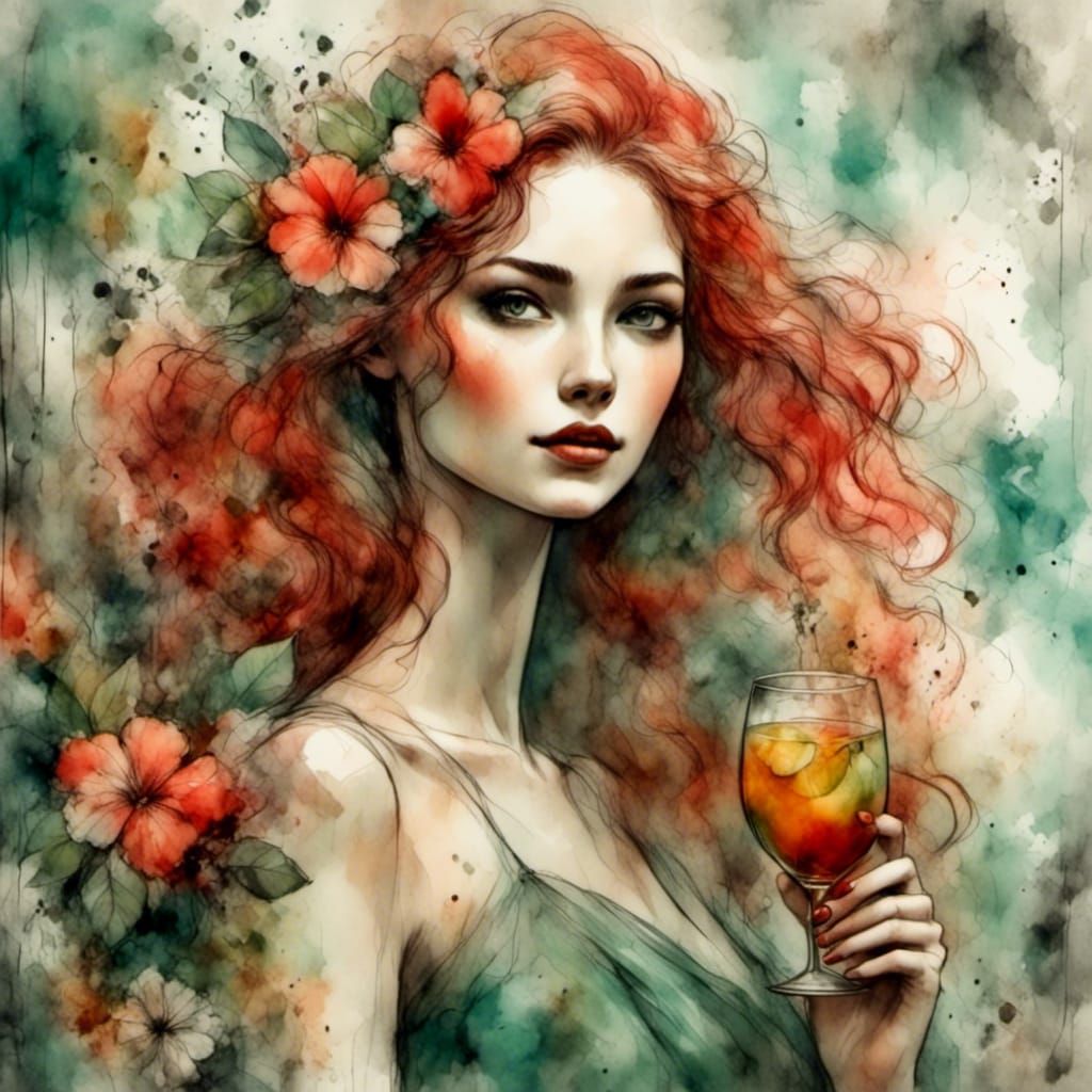 Tropical Woman with Flowers, Charcoal and Ink Style