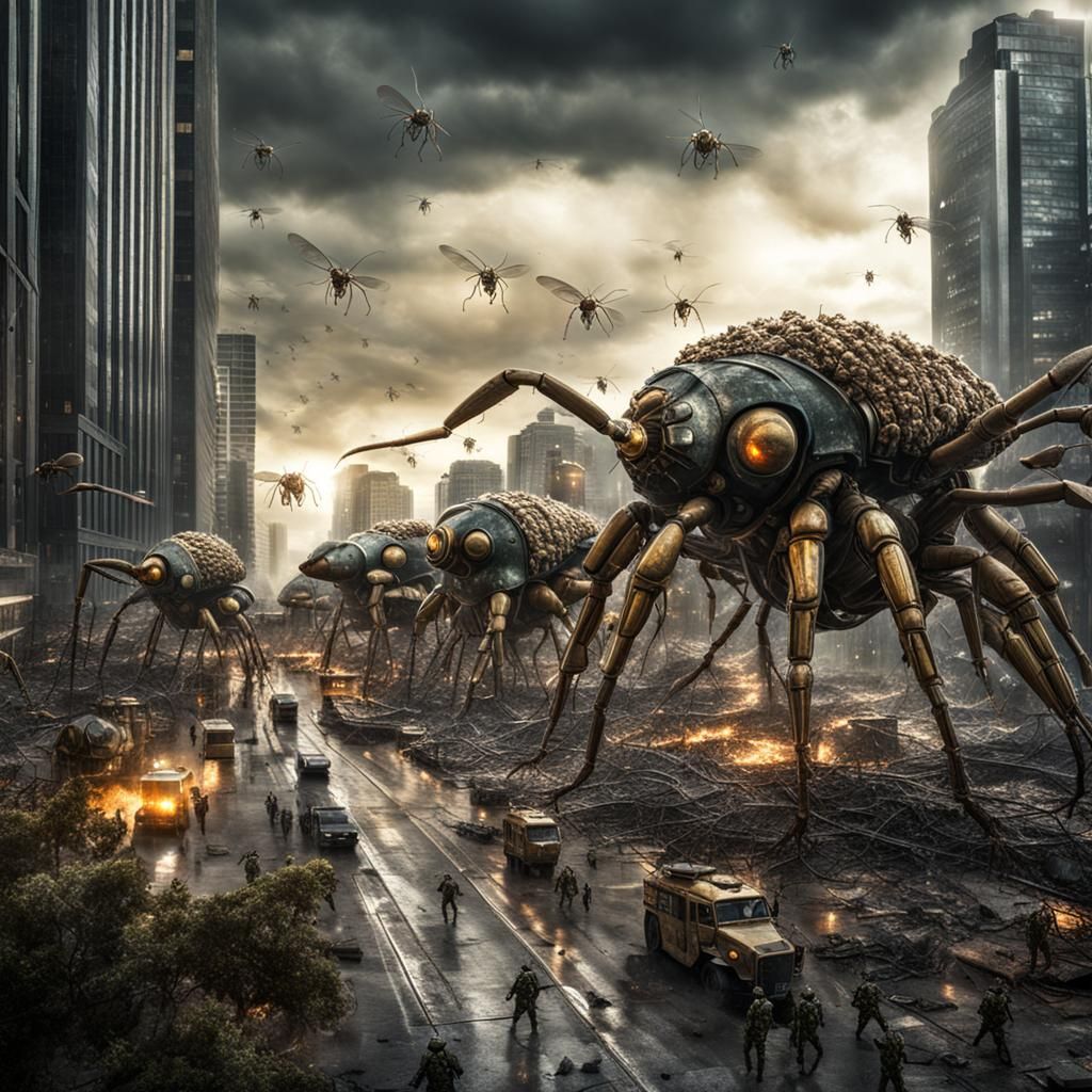 Insectoid AI Invasion: Hyperrealistic Cityscape