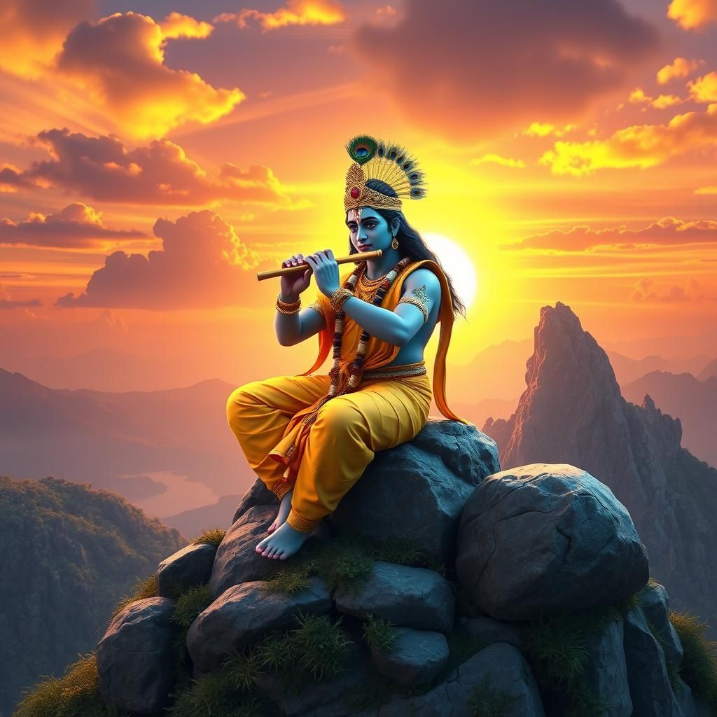 Krishna Plays Flute on Mountain: 3D Anime Art
