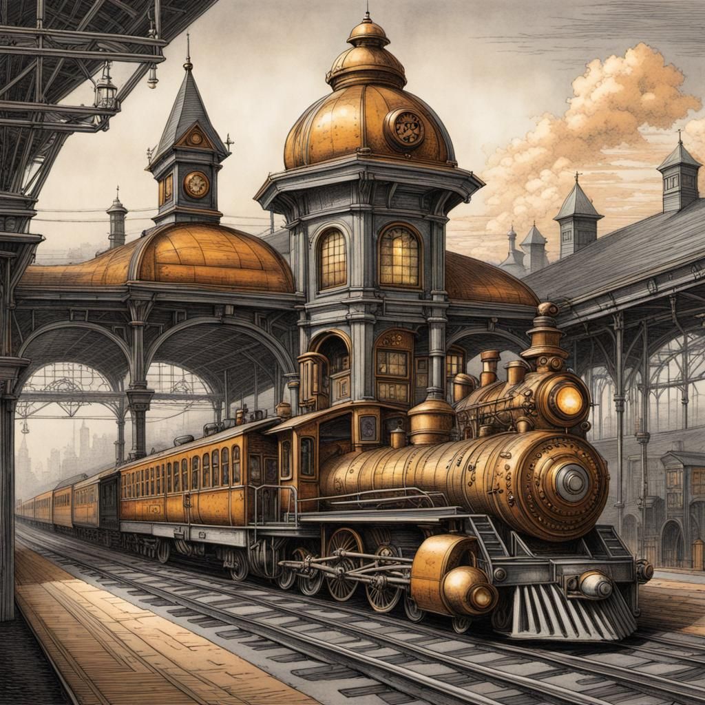 Victorian Steampunk Train Station Etching