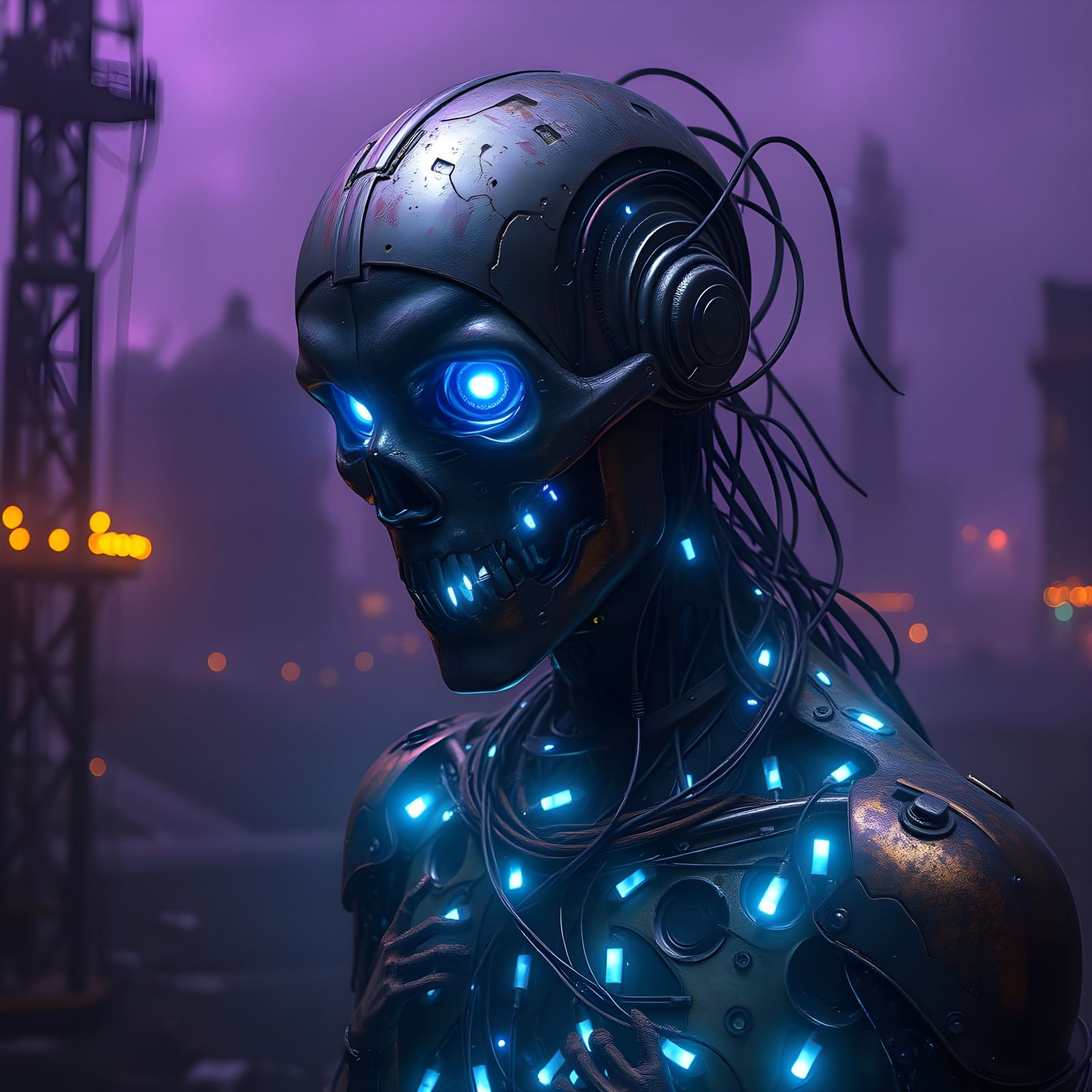 Cyborg in Dark Industrial Landscape